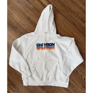 Men's Champion Hoodie Sweatshirt White With Retro Rainbow Logo -XL